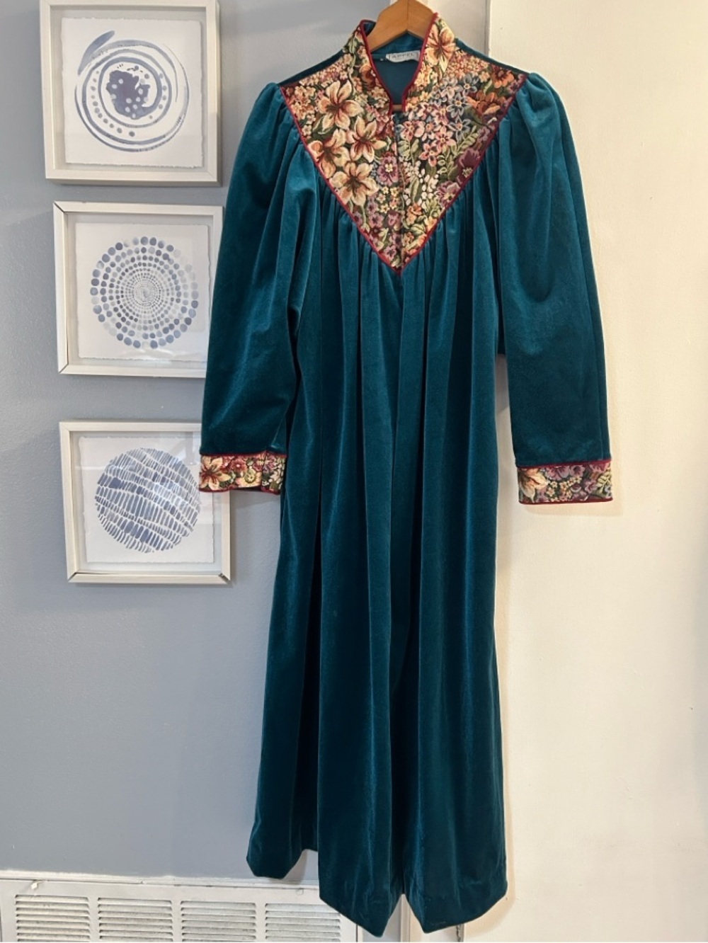 Vintage Appel Quarter Zip Teal Velvet Robe Floral Tapestry Housecoat Pockets